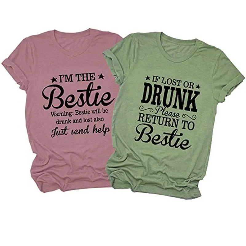 Women If Lost or Drunk Please Return To Bestie Matching T-Shirt Funny Drinking Graphic Tee Tops Gifts for Best Gifts and Sisters