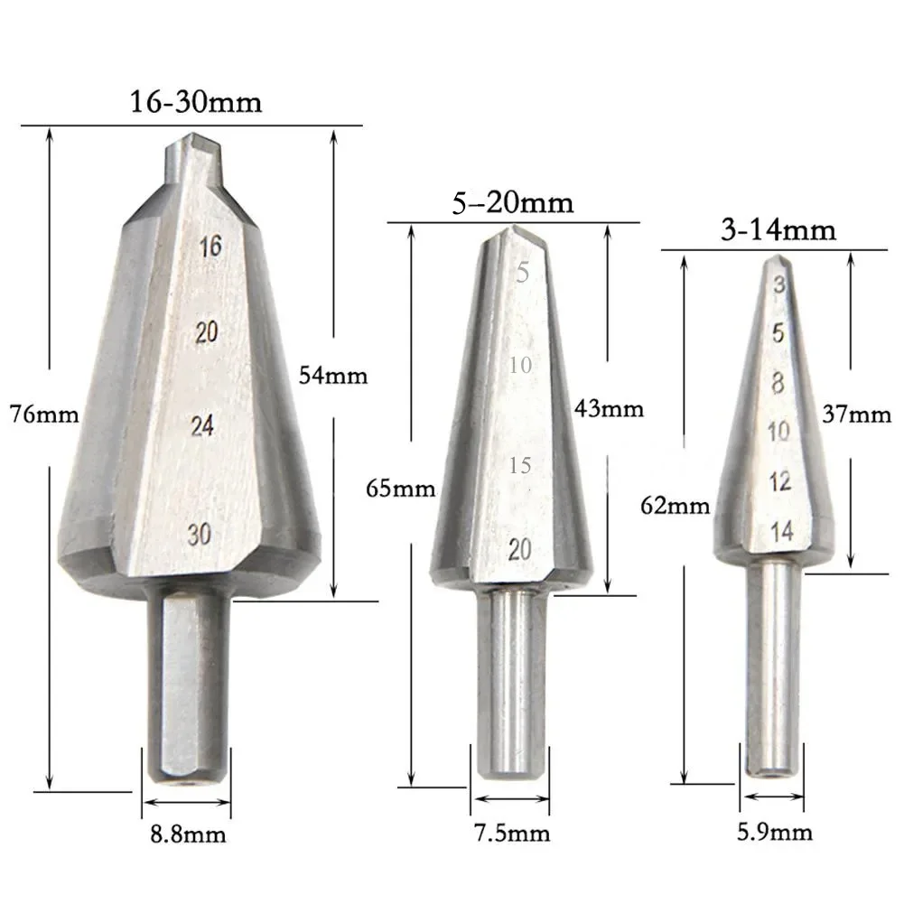 3Pcs Taper Drill Bits Umbrella Chamfer Drill HSS Drill 16-30 5-20 3-14mm Woodworking Metal Hole Cone Opener Drill Puncher Cutter