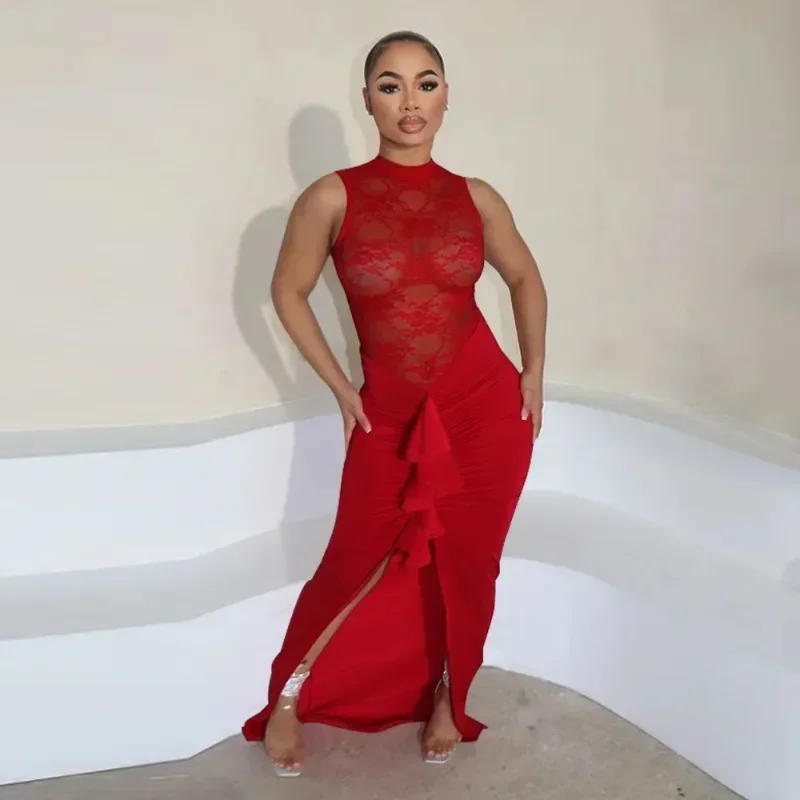 Guwu-女性のためのセクシーなレースのタイトなドレス,ノースリーブ,フリル,長いマキシドレス,透かし彫り,パッチワーク,イブニングパーティー,誕生日,夏