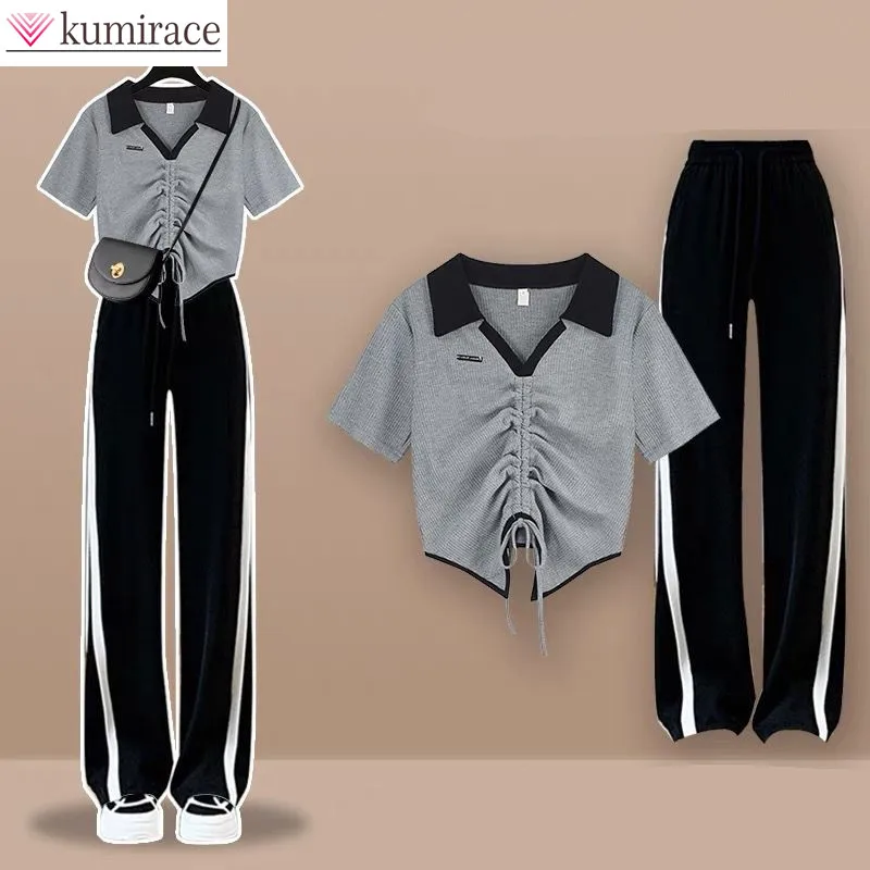 Drawstring Pleated Polo Neck Short Sleeved T-shirt Tops Striped Pants 2pcs Set Elegant Women's Pants Set Casual Sports Tracksuit