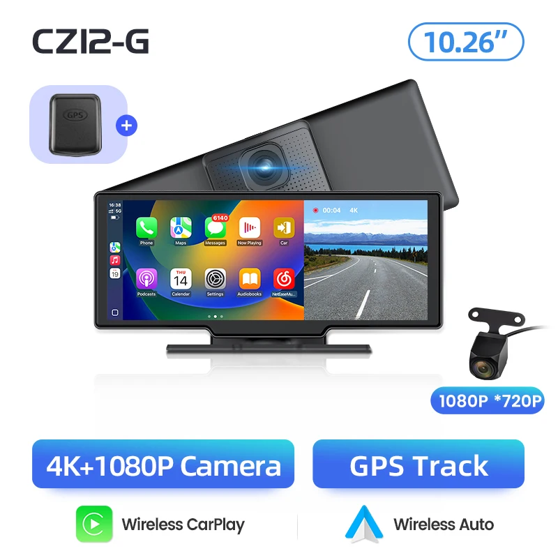 Junsun 10,26 inch Dashcam 4K Auto DVR Draadloze Carplay voor Apple Android Auto GPS Navigatie Dashboard Videorecorder IPS Touchscreen Dubbele Lens Achteruitrijcamera BT Audio AUX WIFI FM