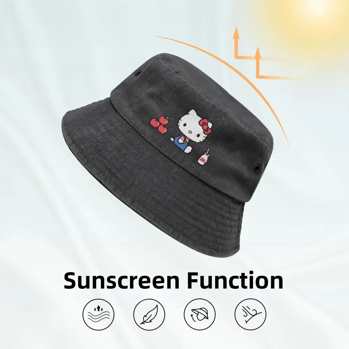 Summer Beach Headwear Kawaii Hello Kitty Accessories Cotton Denim Bucket Hats Streetwear Unisex Cartoon Fisherman Caps