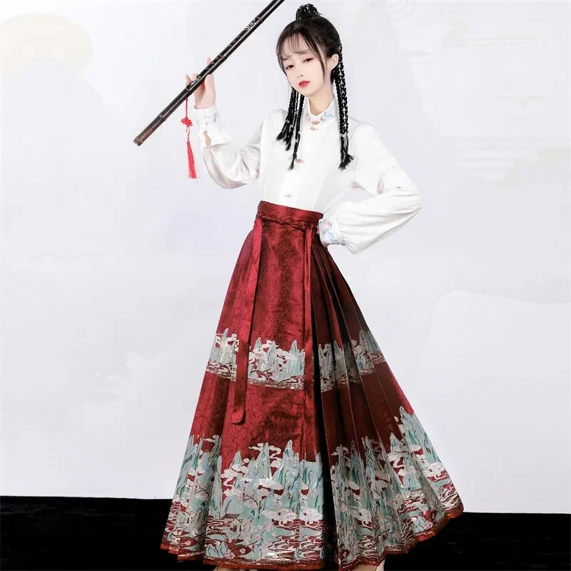 Женская юбка Hanfu с изображением лошади, традиционная китайская винтажная женская рубашка и юбка, красного, черного и бежевого цвета, лето 2023