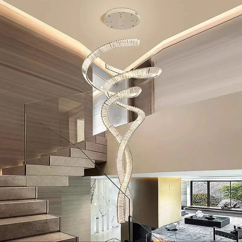 

Modern Rotating Crystal Design Dimmable Led Pendant Lights Villa Duplex Building Home Decor Stair Chandelier Lusters Luminaires