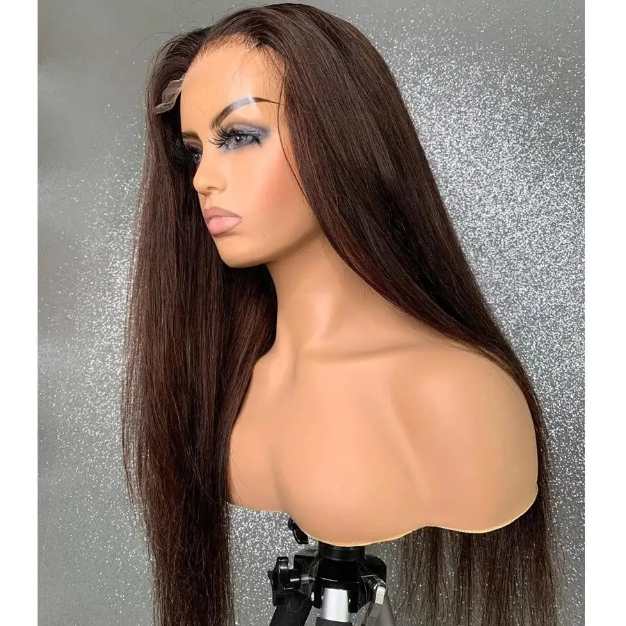 Peluca larga y suave para mujer, postizo de encaje frontal liso de 26 pulgadas, color marrón, 180% de densidad, pelo de bebé sintético predespuntado, sin pegamento, moda diaria