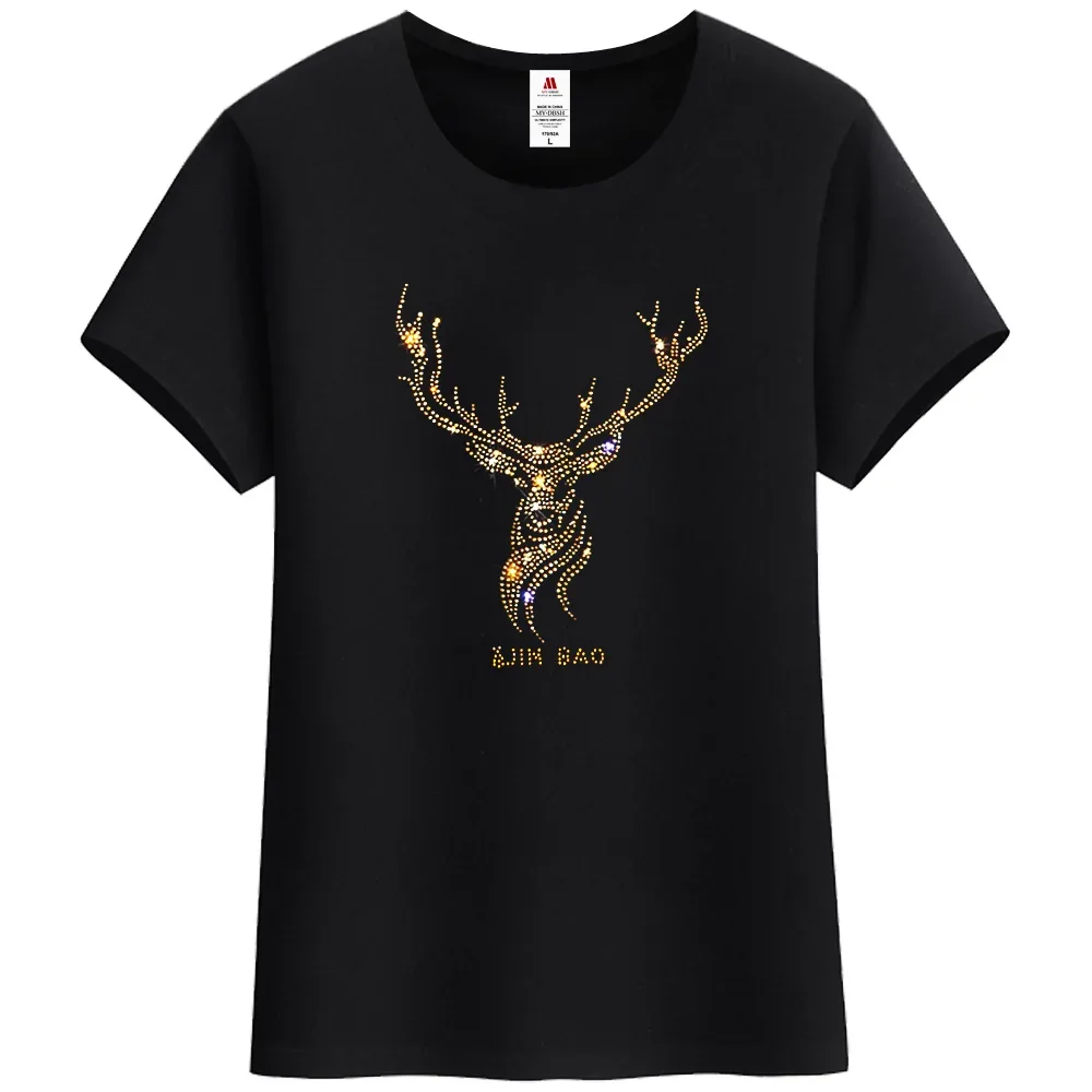 2024 Summer Cotton Deer Diamond Print T shirts Women Slim Fit Tops Blue Short Sleeve T-shirt Ladies Vibrant Tees O Neck  S-5XL