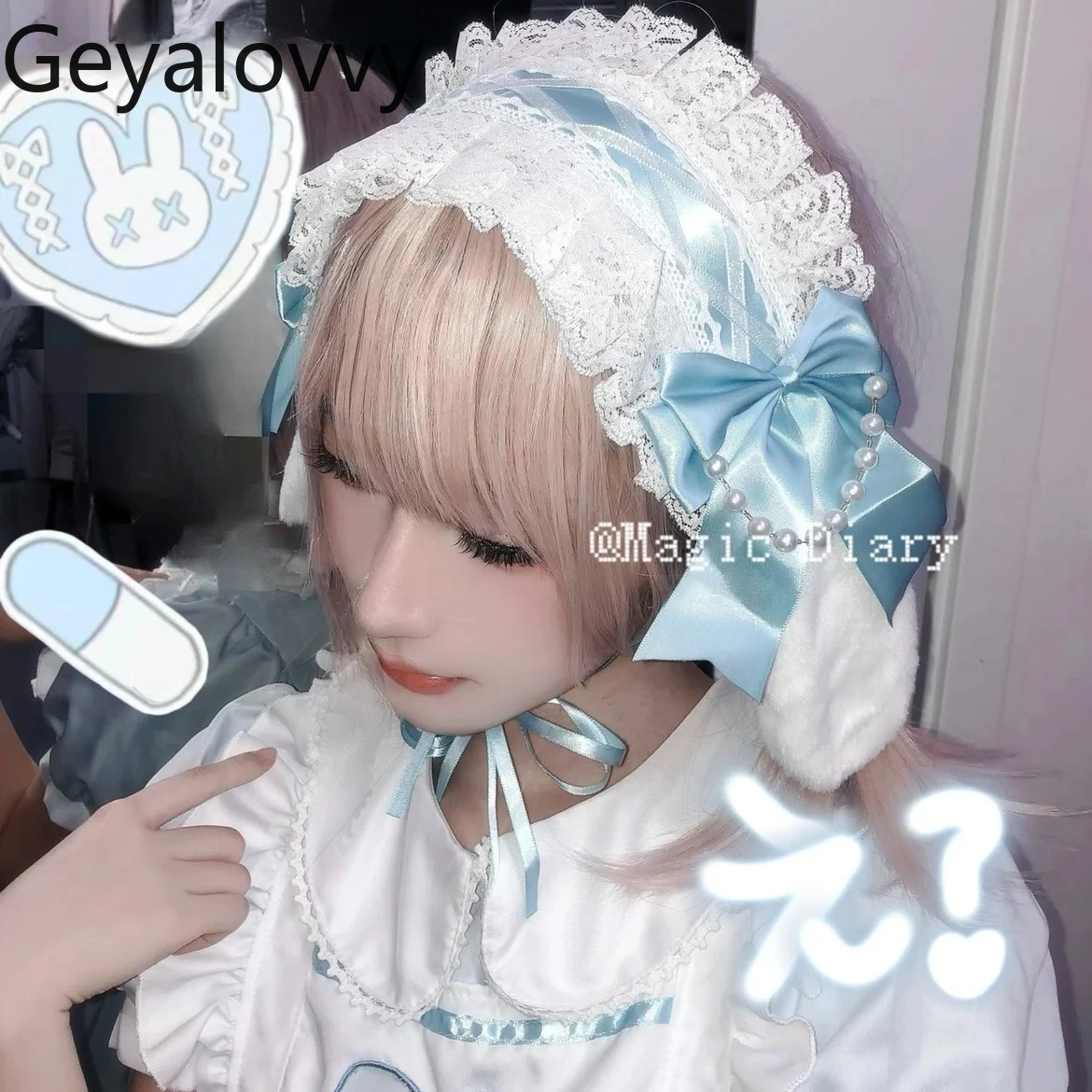 

Japanese Rabbit Ears Bow Beaded Sweet Headband Hairpin Cute Lolita Y2k Cosplay Versatile Lace Headwear Hair Accessories
