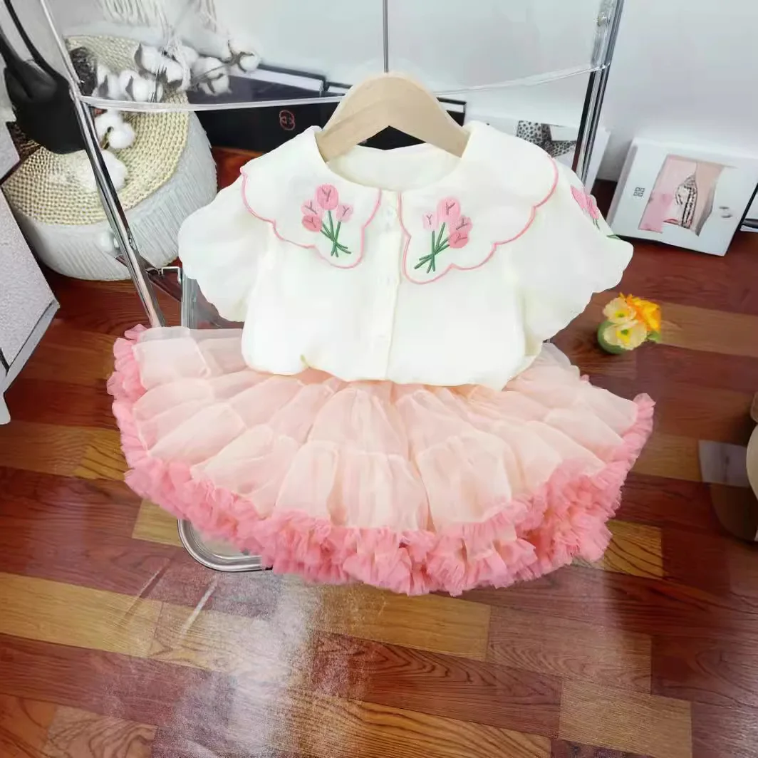 2024 Summer KoreanNew Girl\'s Embroidered Short sleeved Top with Cute Tutu Mesh Skirt Cover