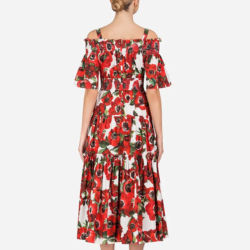 Sicilian-vestido de verano con manga abullonada para mujer, traje de fiesta con tirantes finos, estampado Floral, rosa roja, 2023