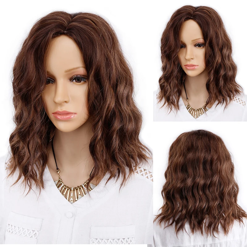 14 Inch Synthetic Short Bob Wavy Wig Blonde Ombre Brown Wigs With side bangs for Black Women False Hair