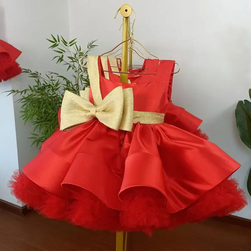 Classic Gold Bow Belt Kids Christmas Dress Red Green Sleeveless Short Ball Gown Flower Girl Birthday Wedding Dresses Customized