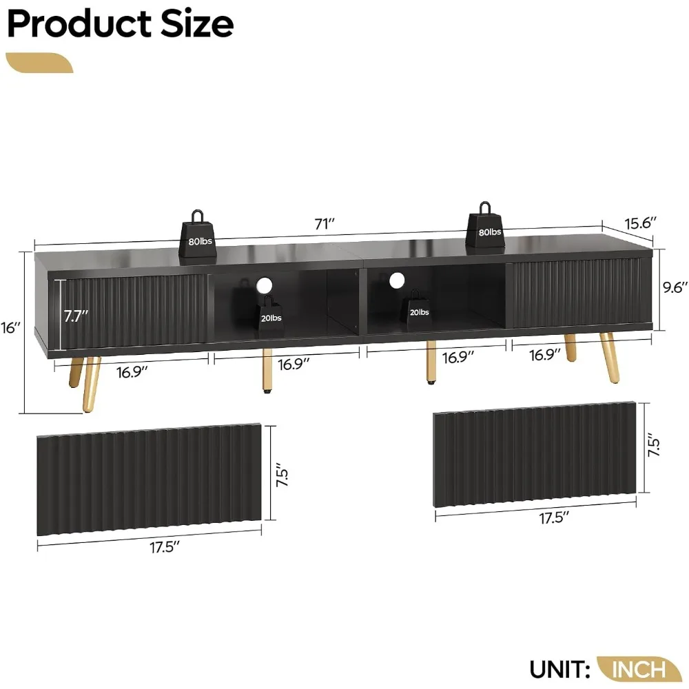TV Stand for 75/80 inch TV, Low TV Stand with Fluted Sliding Doors, High Gloss Entertainment Center with Storage for Liv