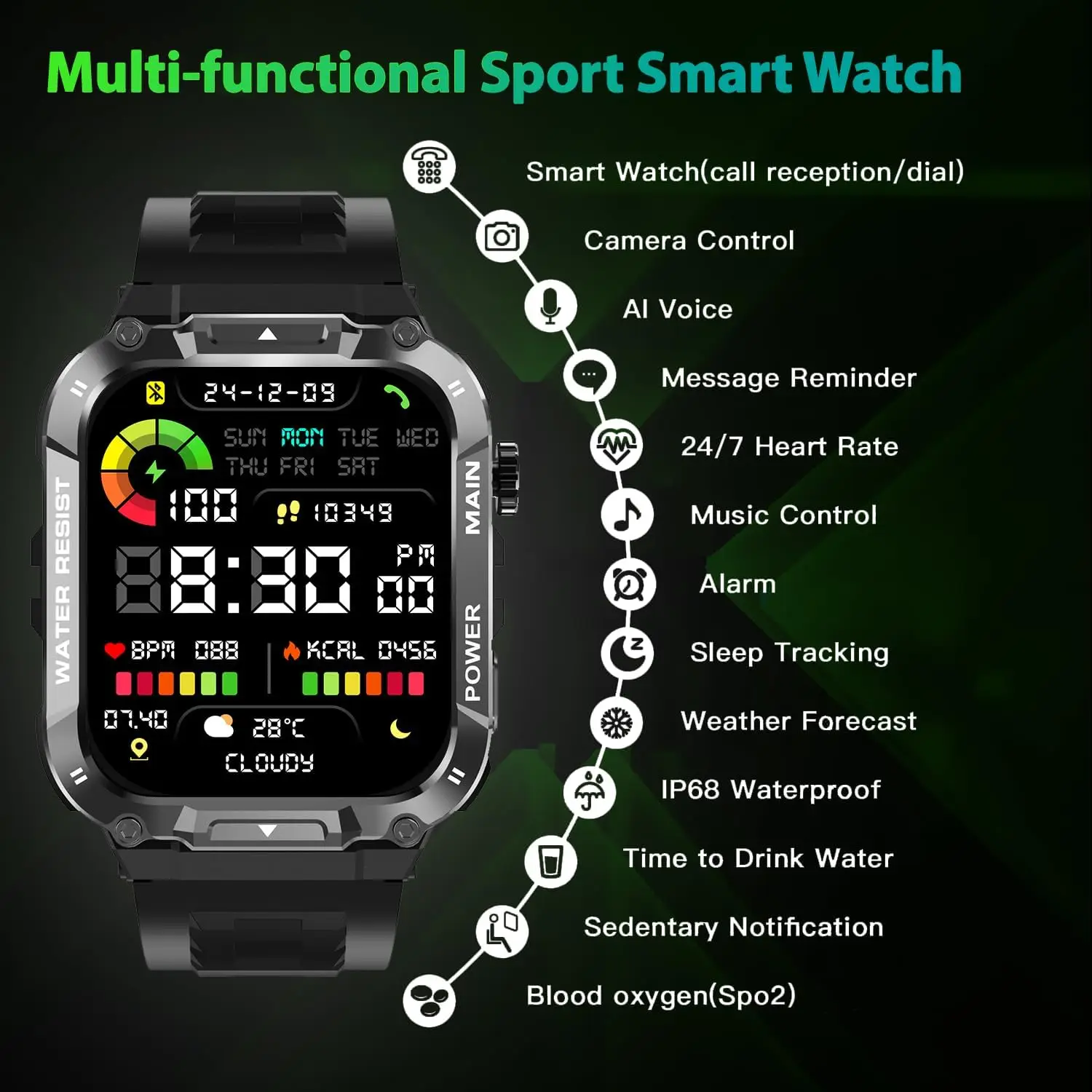 Rugged Military Smart Watch for Men with 400mAh Large Battery Heart Rate Monitor 1.85'' Display Bluetooth Call MK66 Upgrade Outd