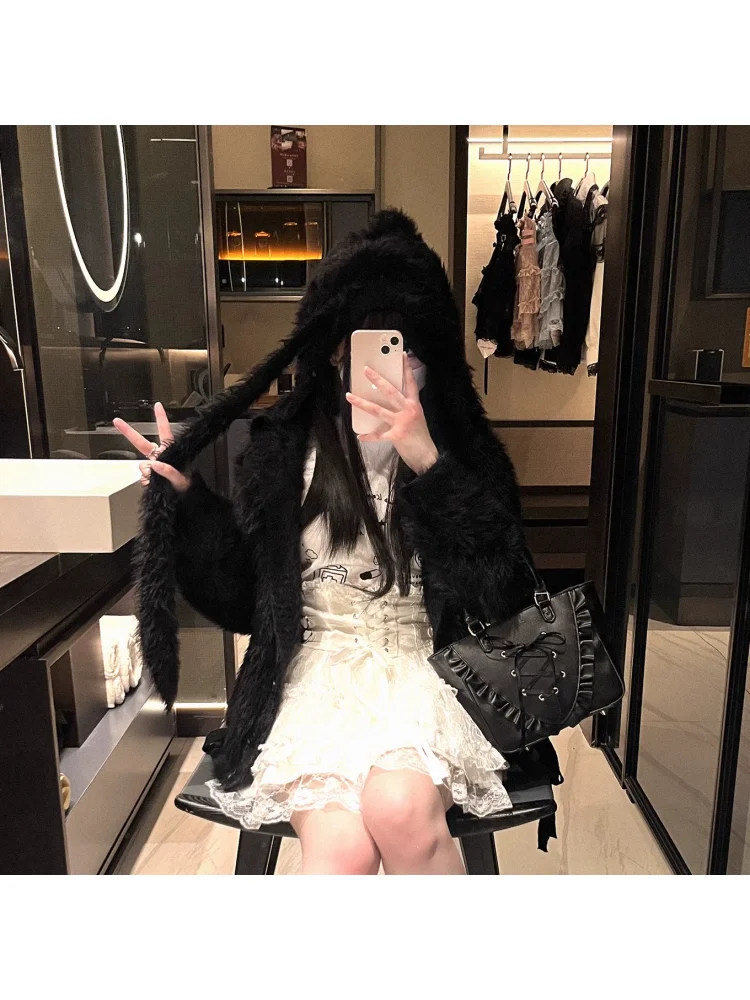 Kardigan Sweater Rajut Manis Longgar dengan Tali Telinga Panjang Plush Asli, Mantel Gaya Lolita Jepang untuk Anak Perempuan