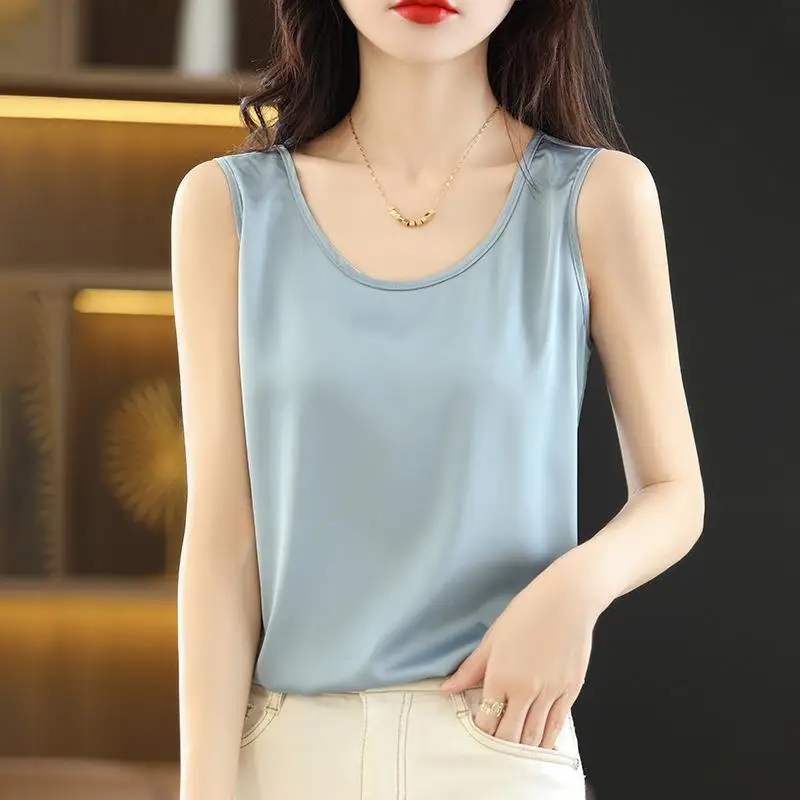 

Женский жилет из ледяного шелка с широкими плечами, весенний однотонный жилет из полиэфирного волокна 00% повседневный удобный дышащий жилет