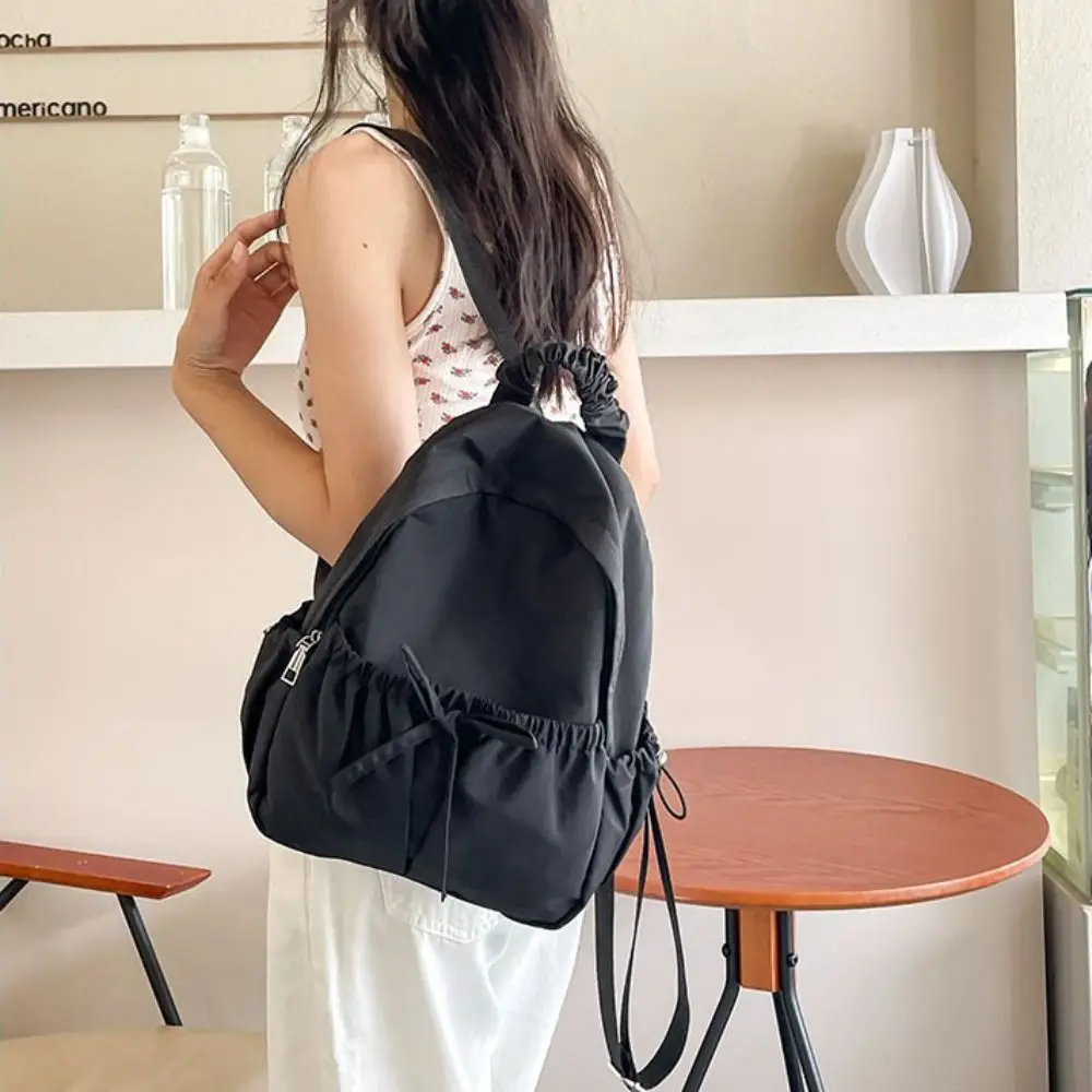 Fashion Handbag Bow Backpack Solid Color Wrinkle Nylon Backpack School Bag Korean Style Shoulders Bag Office Worker