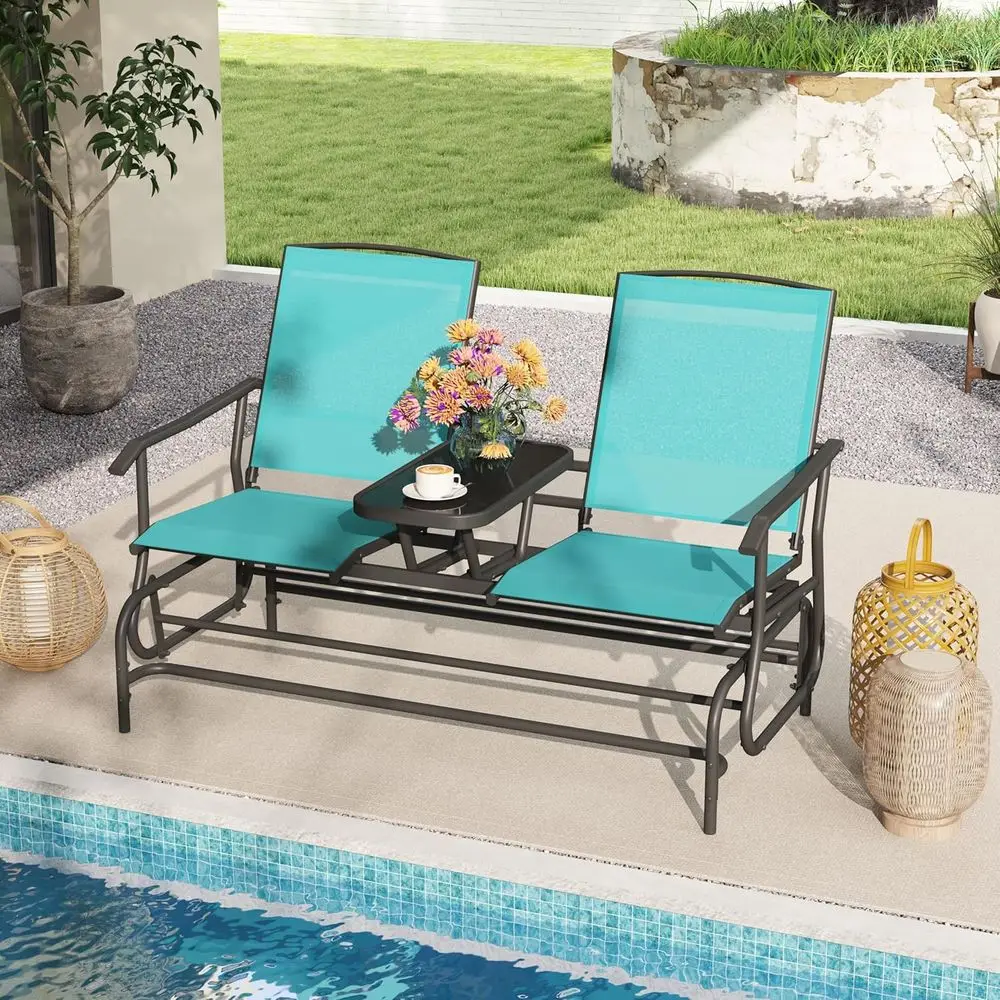2 Person Swing Glider Chair, Patio Rocking Loveseat w/Center Tempered Glass Table, Outdoor Swing Bench w/Steel e & Breathable Me