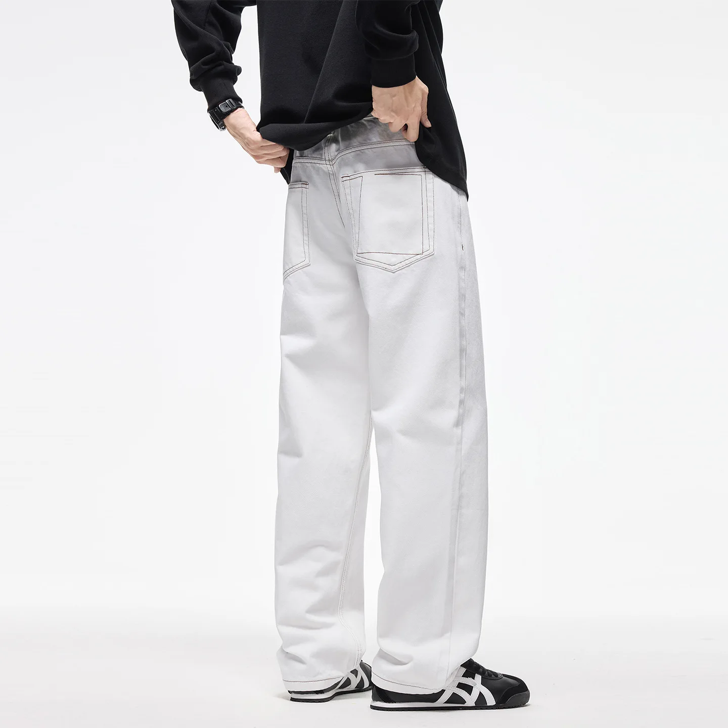 

Белые джинсы серии 2025 с ярким дизайном, мужские осенние и зимние свободные трендовые прямые широкие брюки из чистого хлопка