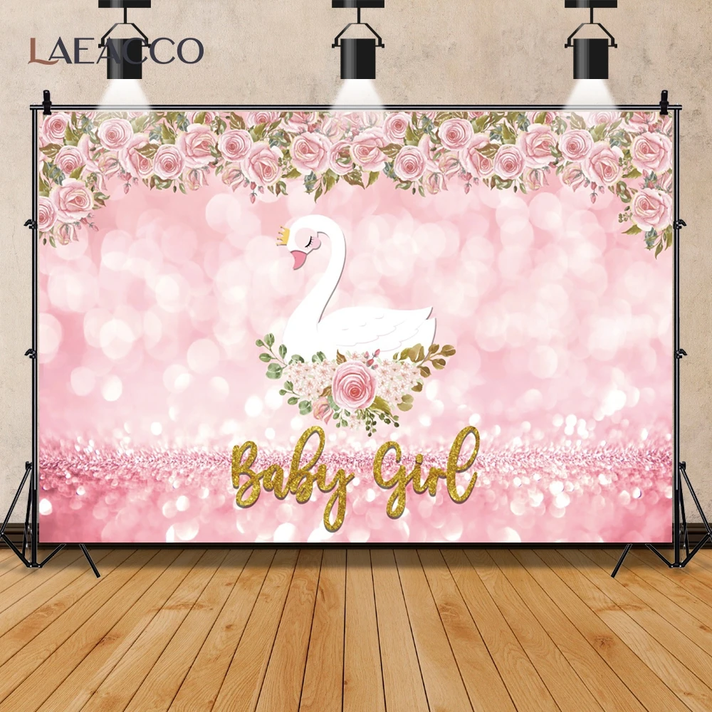 

Laeacco Baby Shower Cartoon Swan Photo Backdrop Pink Glitters Rose Flowers Decor Children Birthday Custom Photography Background