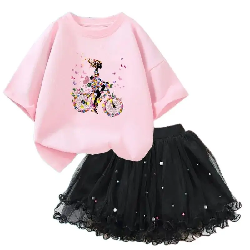 Fashion Girls Clothing Set Summer Cartoon T-shirt Fluffy Mesh Tutu Skirt Kids Outfits 2PCS Suit Holiday Clothes