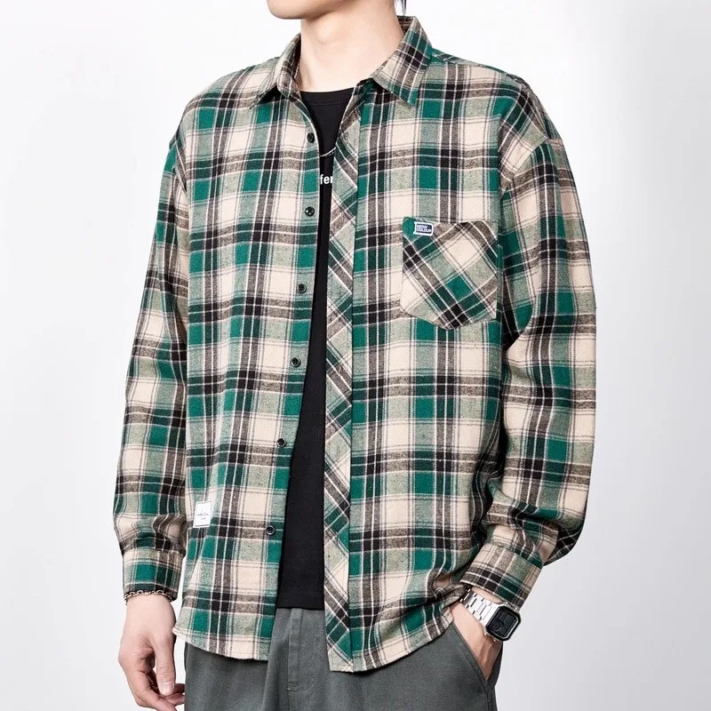 

Повседневная мужская рубашка с длинным рукавом, модная, в клетку, для весны и осени, свободного кроя, из смесового полиэстера и хлопка