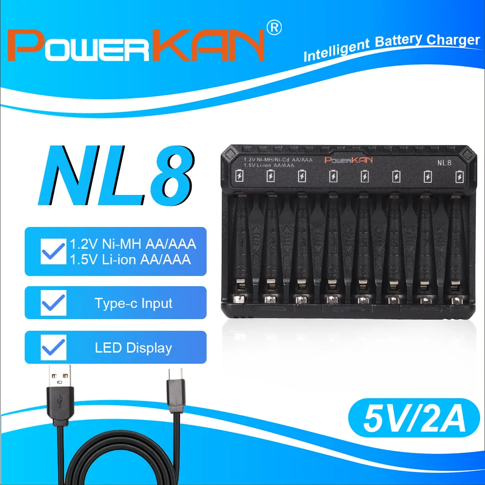 POWERKAN NL8 Battery Charger with LED Indicators for 8 Slots 1.2V Ni-MH/Ni-Cd and 1.5V Li-ion AA AAA Rechargeable Batteries USB