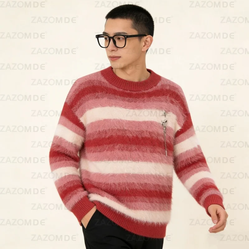ZAZOMDE Classic Red And White Stripe Round Neck Sweater Unisex Design Soft Knit Fabric Casual Comfort Fit For Daily Wear 2505