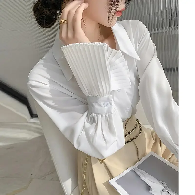 White Elegant Blouses Women Korean Style Spring Shirts Flare Long Sleeve Office Ladies Vintage Aesthetic Tops Chic Fashion