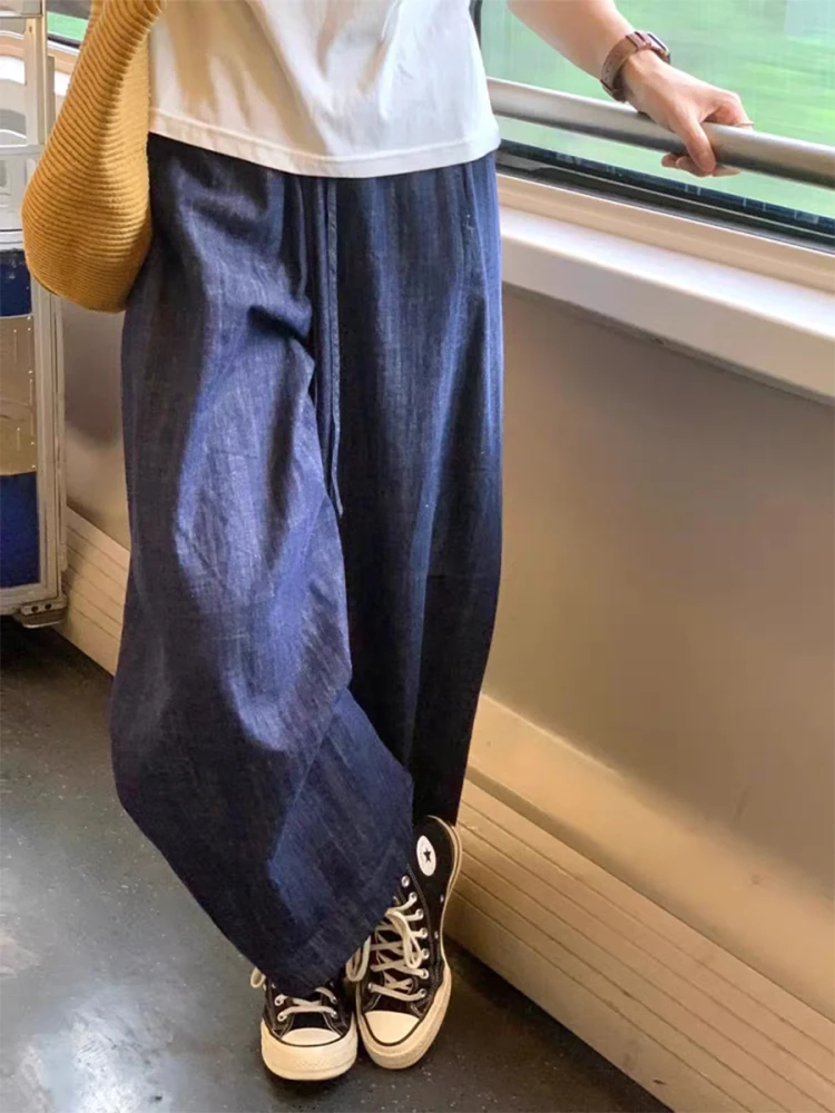 

Большие размеры, свободный крой с высокой талией, темно-синие джинсовые джинсы, женские прямые брюки с широкими штанинами, повседневные винтажные брюки