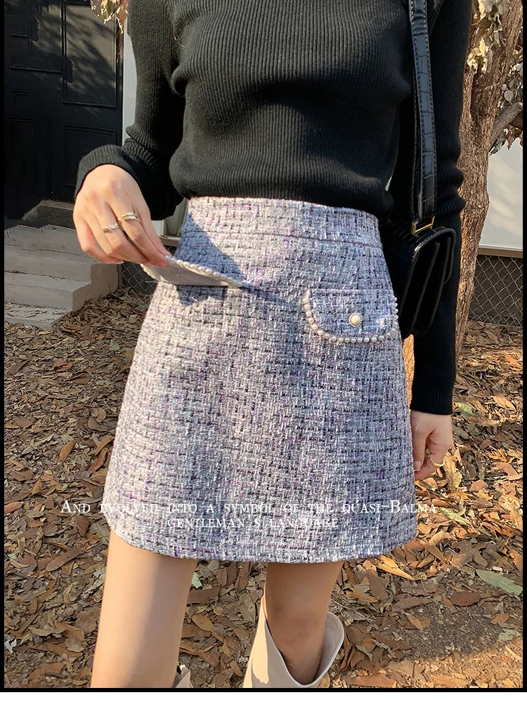 SMTHMA-Mini jupe en laine de style tweed pour femmes, jupes trapèze taille haute, vêtements de style coréen, petit parfum, automne