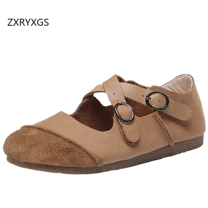 

ZXRYXGS 2025 классические туфли в стиле ретро из воловьей кожи, натуральная обувь, женские удобные универсальные римские туфли на плоской подошве с мягкой подошвой Tide