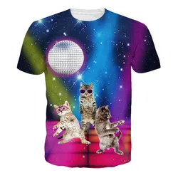 Camiseta con estampado 3D de gatos y galaxia para hombre y mujer, camisa de manga corta con estampado de gato, informal, cuello redondo