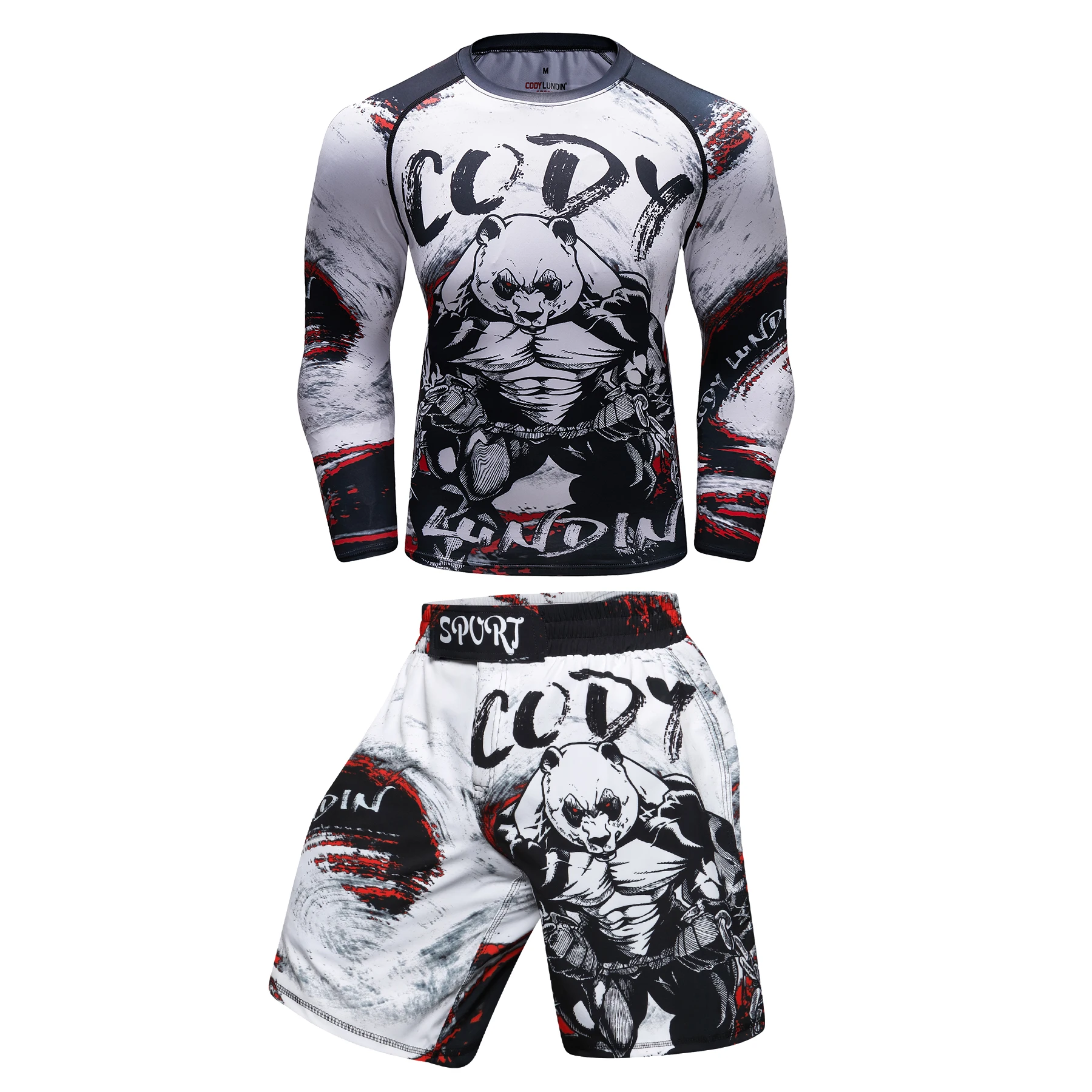 Cody lundin 3d brazilec jiu jitsu manto tričko + grappling kamaše box šortky 4 v 1 zápas sval rashguard pánské sada