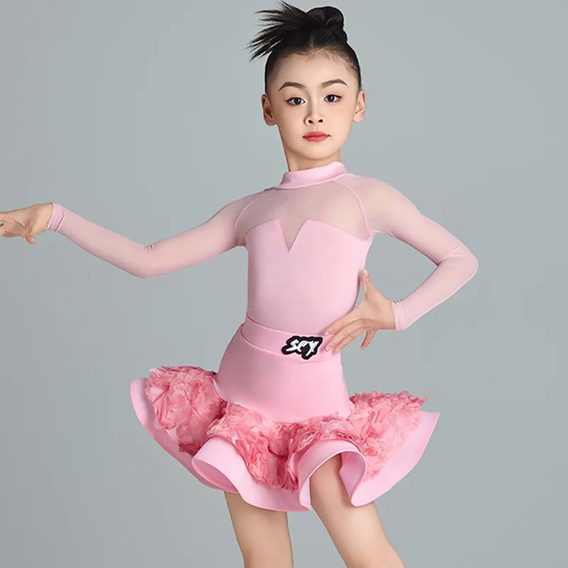 

Pink Latin Dress Girl Latin Professional Competition Costume Long Sleeve Latin Dance Suit Skirt Cha Cha Rumba Stage Wear VDL2992