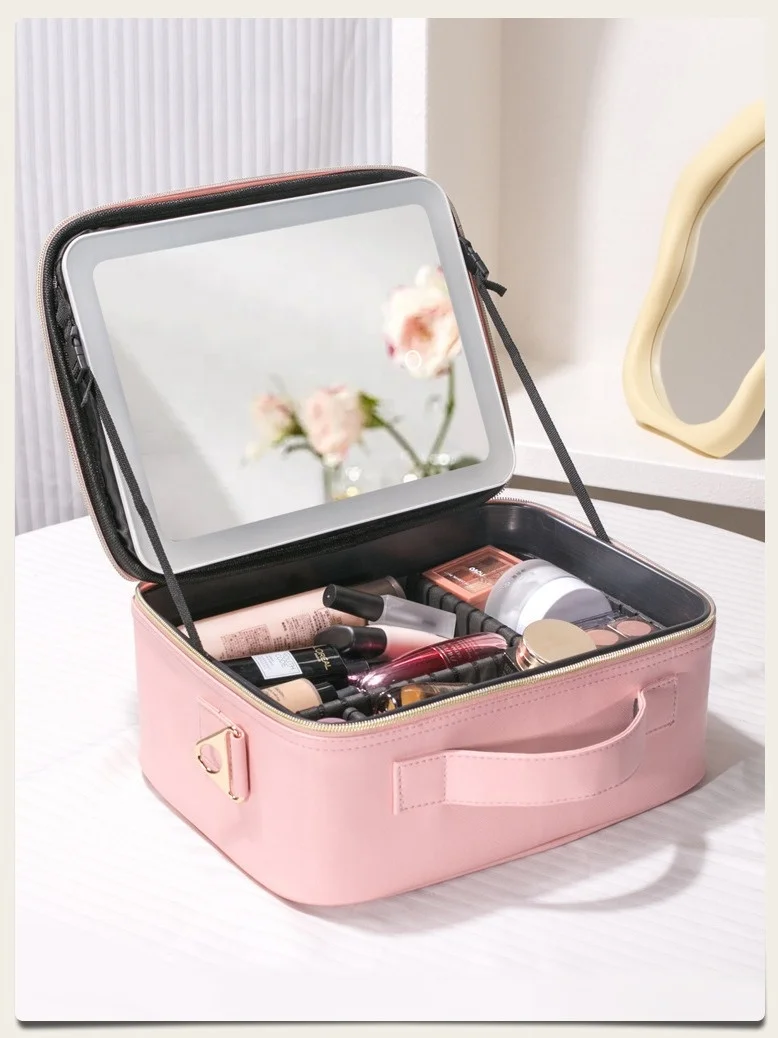 مخصص المهنية تخزين مستحضرات التجميل للماء الجلود تضيء حقيبة ماكياج السفر مع مرآة Led