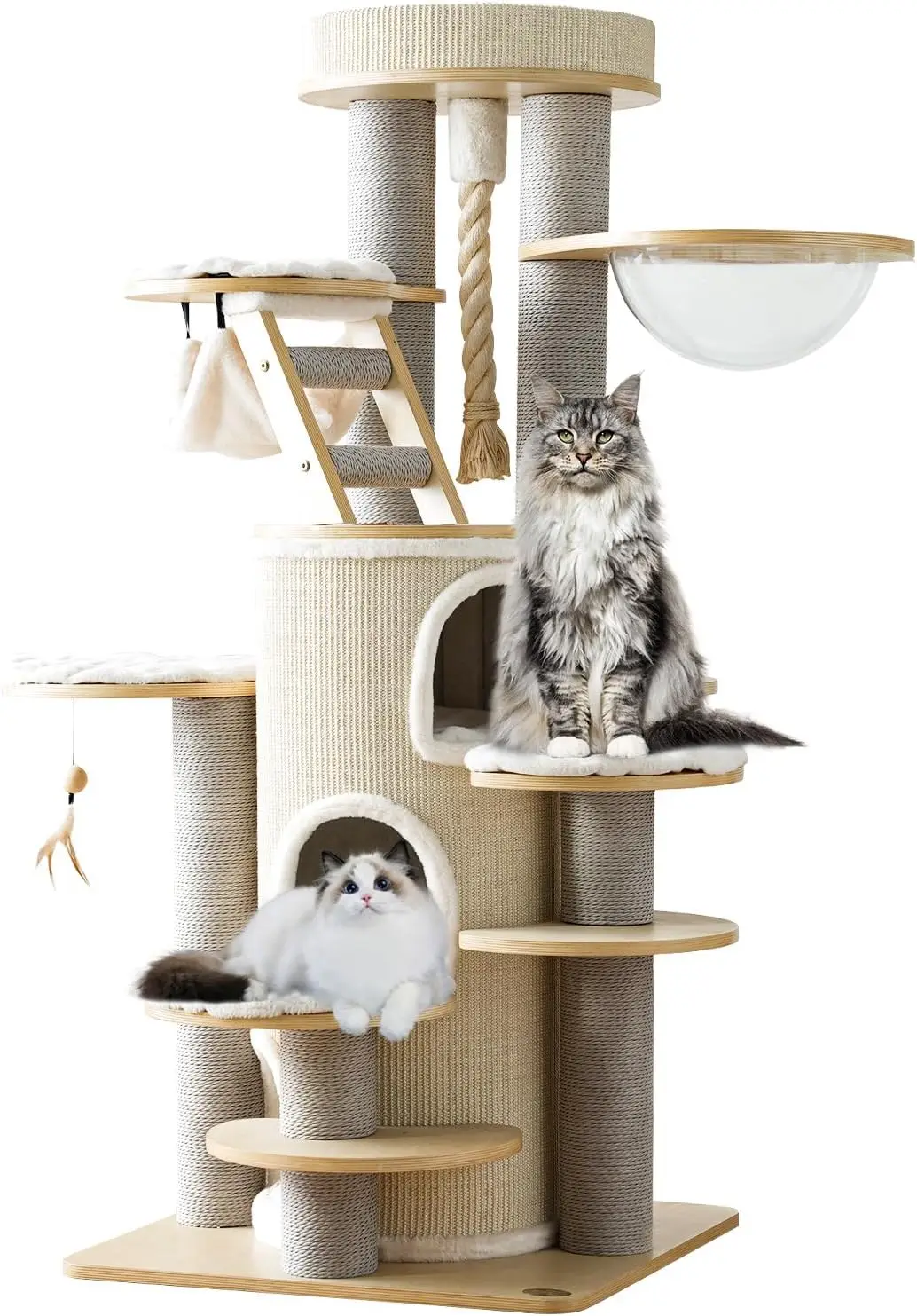 63'' Tall Cat Tree for Indoor Large Adults,Solid Wood Tower,Modern Condo with Scratching Post,Multi-Level House