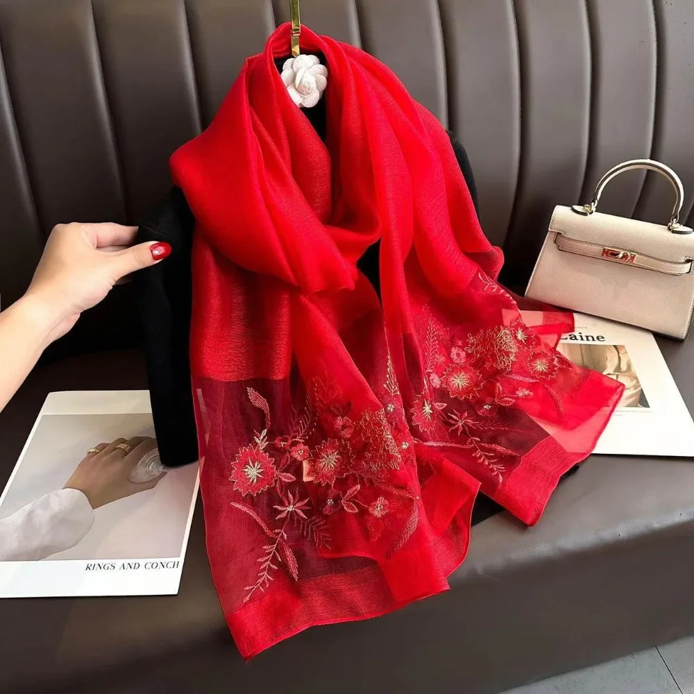 

Elegant Embroidery Flower Silk Scarf Shawls Transparent Sunscreen Mesh Neck Scarves Korean Style Neckerchief Party
