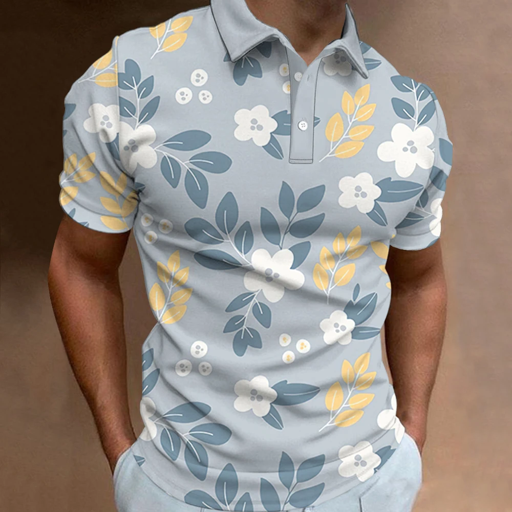 Men\'s Polo Shirt Summer Street Casual Short Sleeve Flower Print Buttons Tops Fashion Pullover Oversized Clothing Male Golf Wear