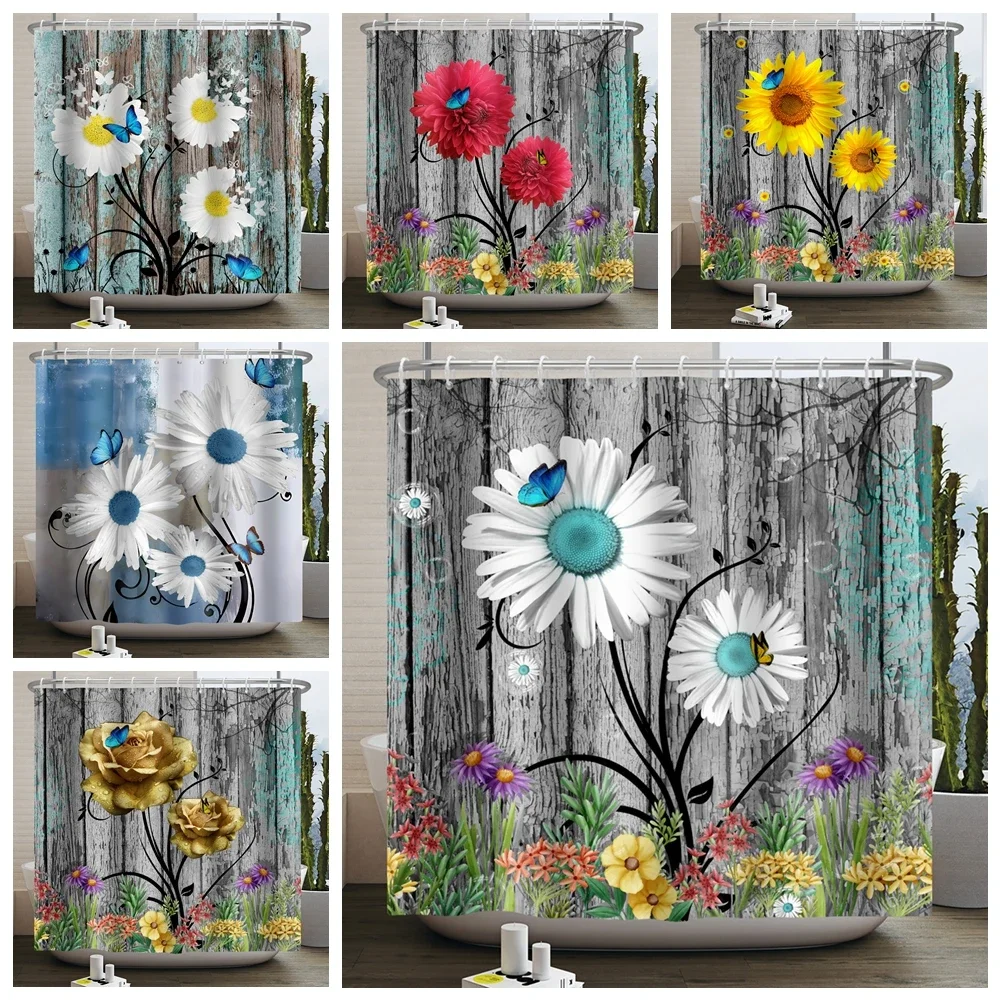 Rustic Sunflower Daisy Shower Curtain Butterfly Floral Vintage Country Farmhouse Flower Wooden Board Waterproof Bathroom Curtain