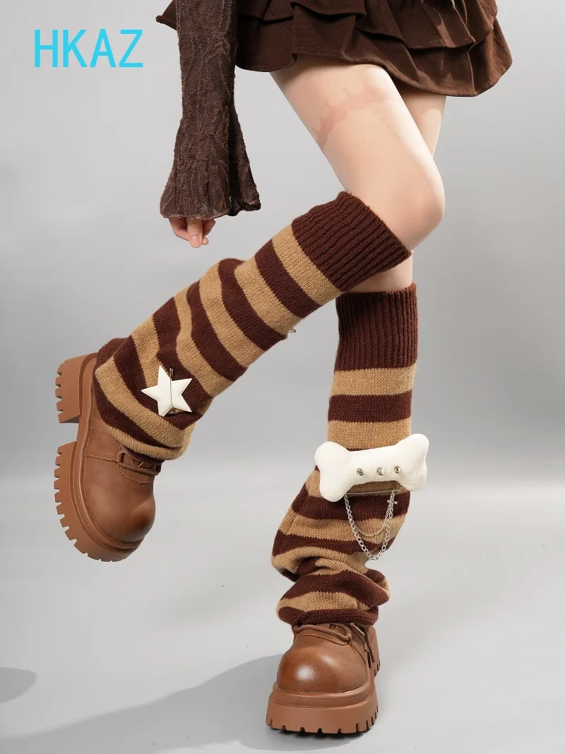 Hottie Y2K Subculture Vintage Striped Stacked Socks Cover Female Punk Leather Buckle Wide Leg Knitted Leg Warmers for Women