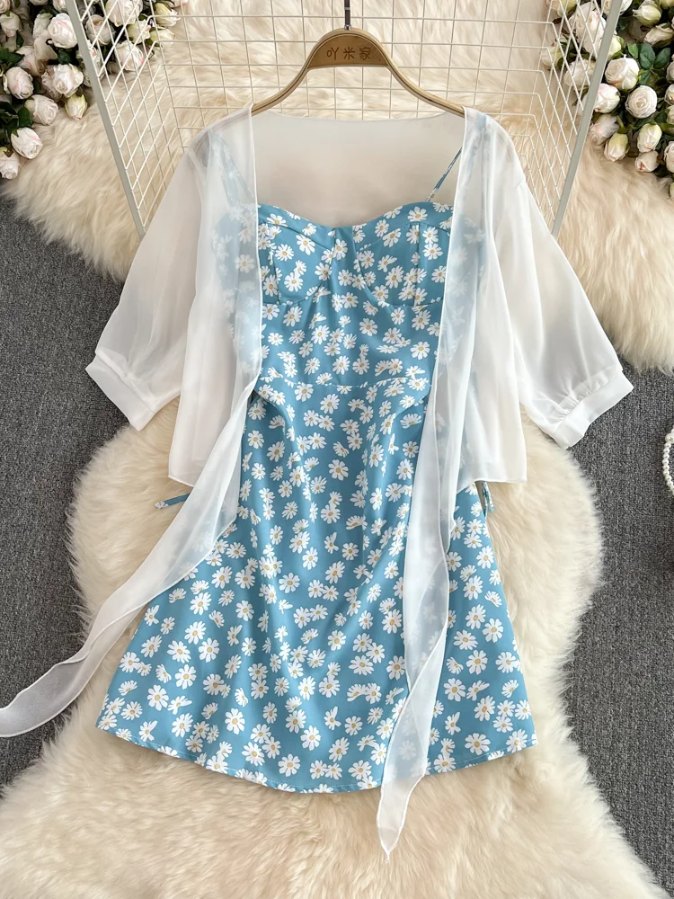 Korean Floral Dress Two-piece Set Women Summer Loose White Short Chiffon Cardigan and Slim Sleeveless Printed Short Dress Suits