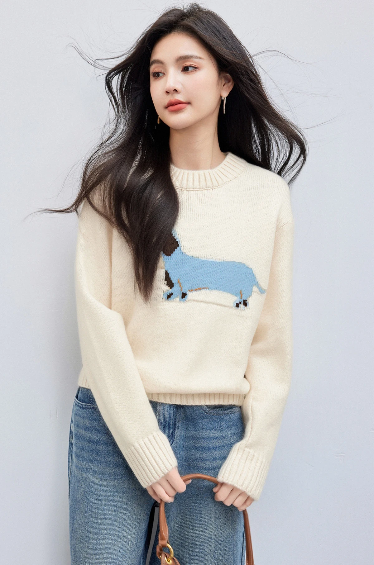 

Women Y2K Vintage Round Neck Sweater Aesthetic Jacquard Long Sleeve Loose Fit Retro Knitwear Pullover Top