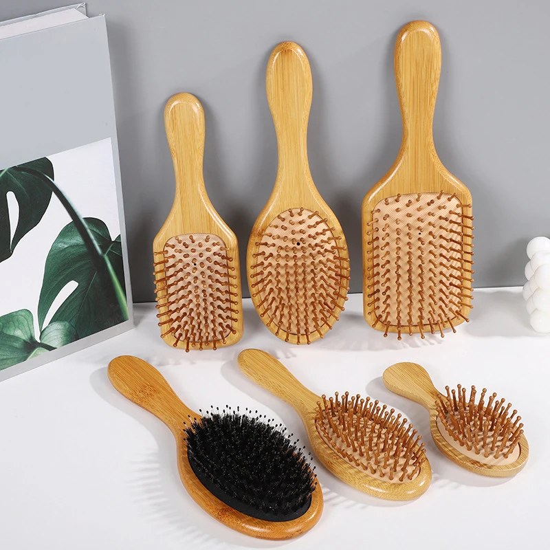 Escova de cabelo de madeira de bambu, Massagem Pente, Massageador do couro cabeludo para o crescimento do cabelo, Anti-estático, alisamento, barba macia, bebê