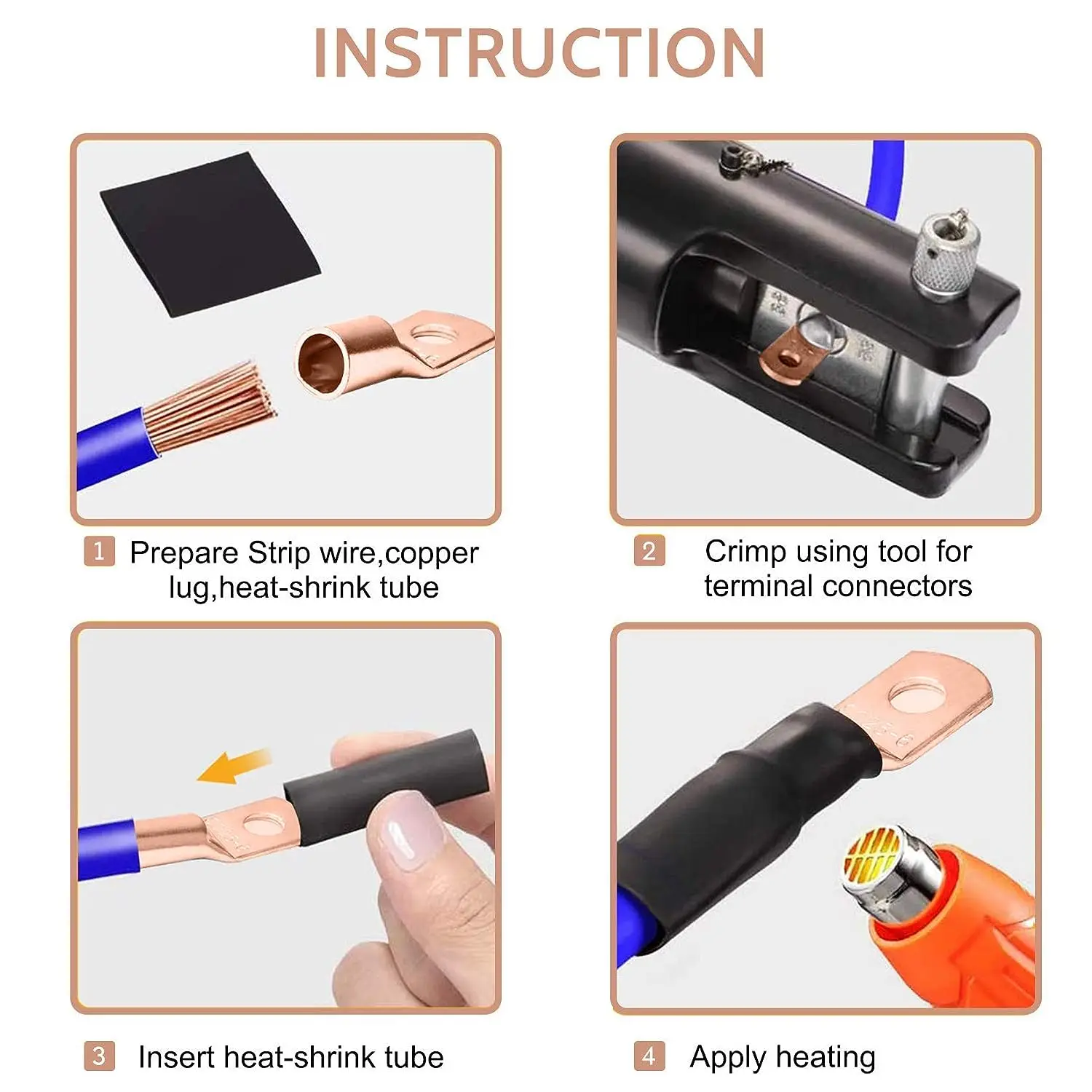 C5 120Pcs Copper Wire Lugs Set 60pcs Heat Shrink Tubing Battery Cable Ends Ring Terminals Connectors AWG2-12 for Electrical Wiri