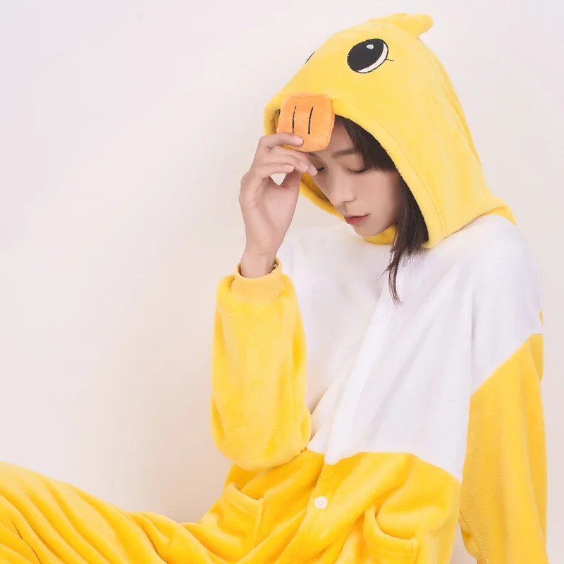 Yellow Duck Cartoon Onesies Winter Animal Pajamas Kigurumi Cosplay Anime Costumes Halloween Family Onepiece Fleece Sleepwear Set