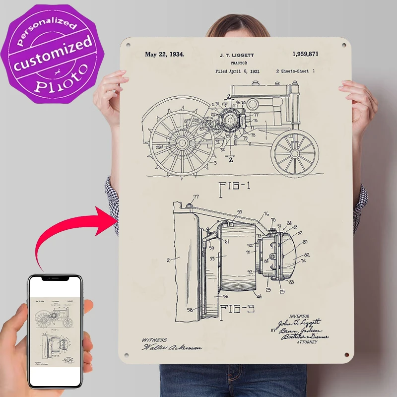 Tractor Patent Drawing Metal Poster Customized Wall Art Retro Vintage Metal Signs for Man Cave Living Room Decoration Coffee Bar