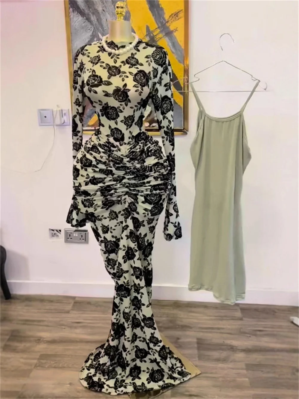 Vrouwen sexy lange mouw mesh doorzichtige gedrukte bodycon maxi-jurk elegante avond verjaardag sexy party cocktailjurken vestido