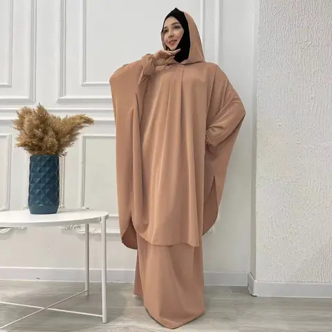 Hijabi 복장 이슬람 여성기도 세트 2 조각, 후드 Abaya & 롱 스커트, 라마단 두바이 터키어 겸손한 이슬람 의류, Jilbab