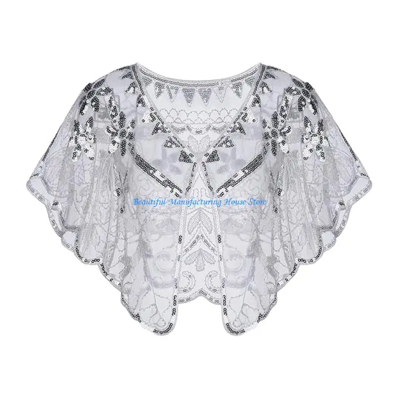 E56A Sparkling Flower Beadwork Shawl Wrap Sequined Shoulder Wrap For Special Occasion