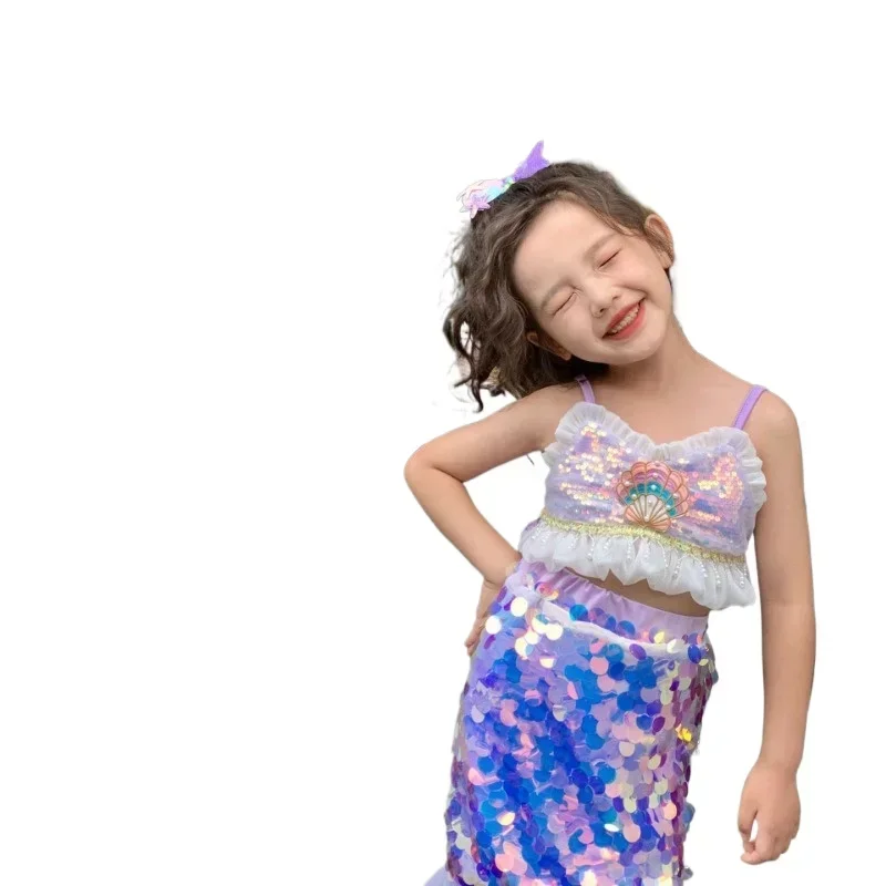 2024 Toddler Mermaid 2pcs Set for Girls Sparkle Tail Costume Cospaly Suit Sleeveless Suspender Skirt Girls Summer Clothes